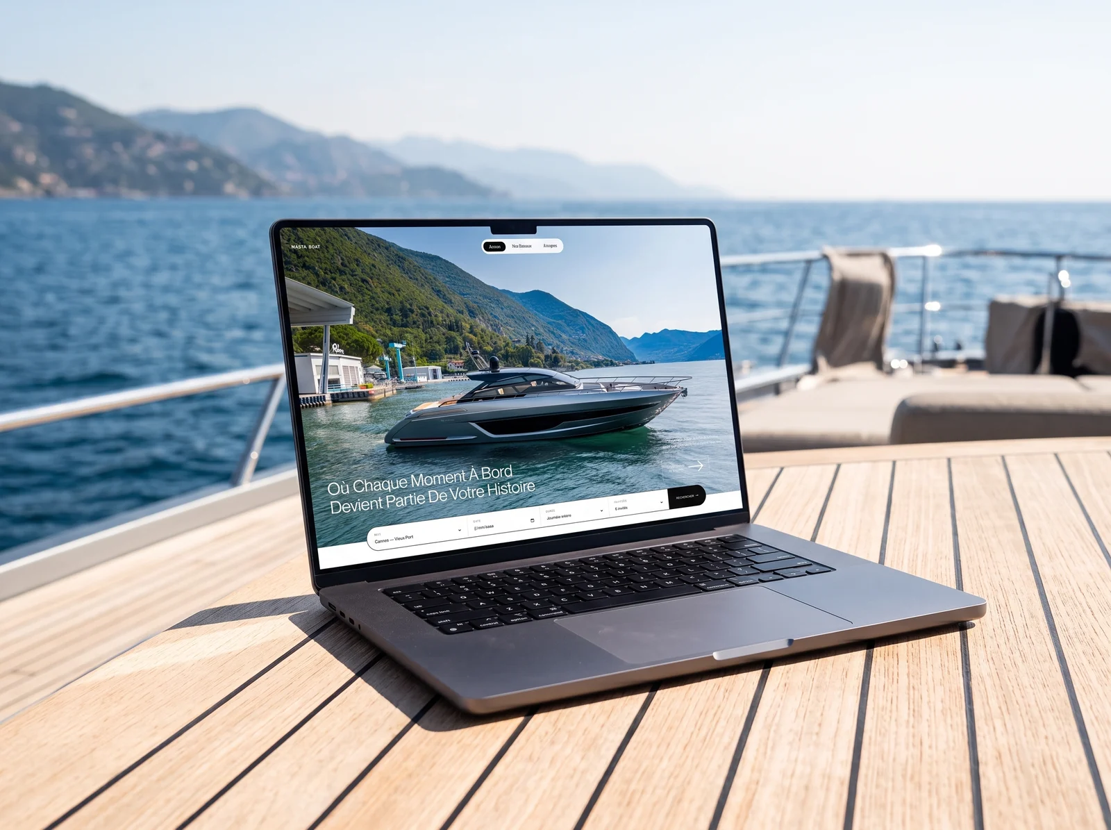 Le site Masta Boat sur un ordinateur portable posé sur le pont en teck d'un yacht, face à la mer.