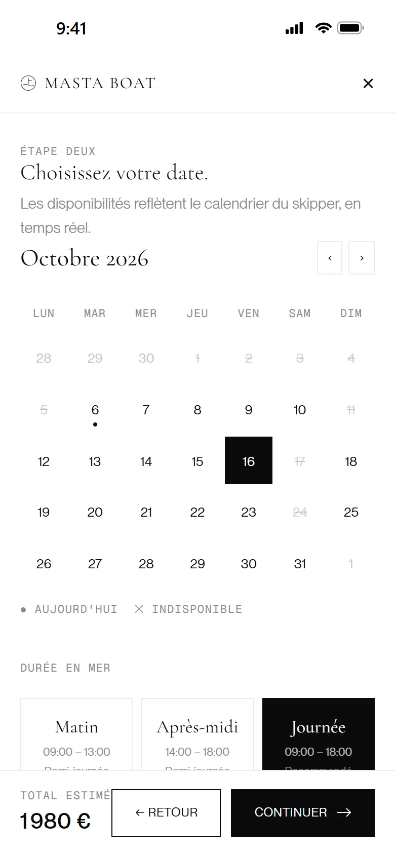 La réservation sur téléphone : le calendrier, le 16 octobre choisi, et les formules.