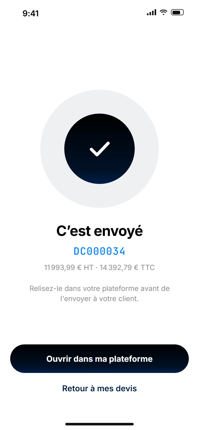 C’est envoyé : le devis DC000034 est créé, prêt à relire.