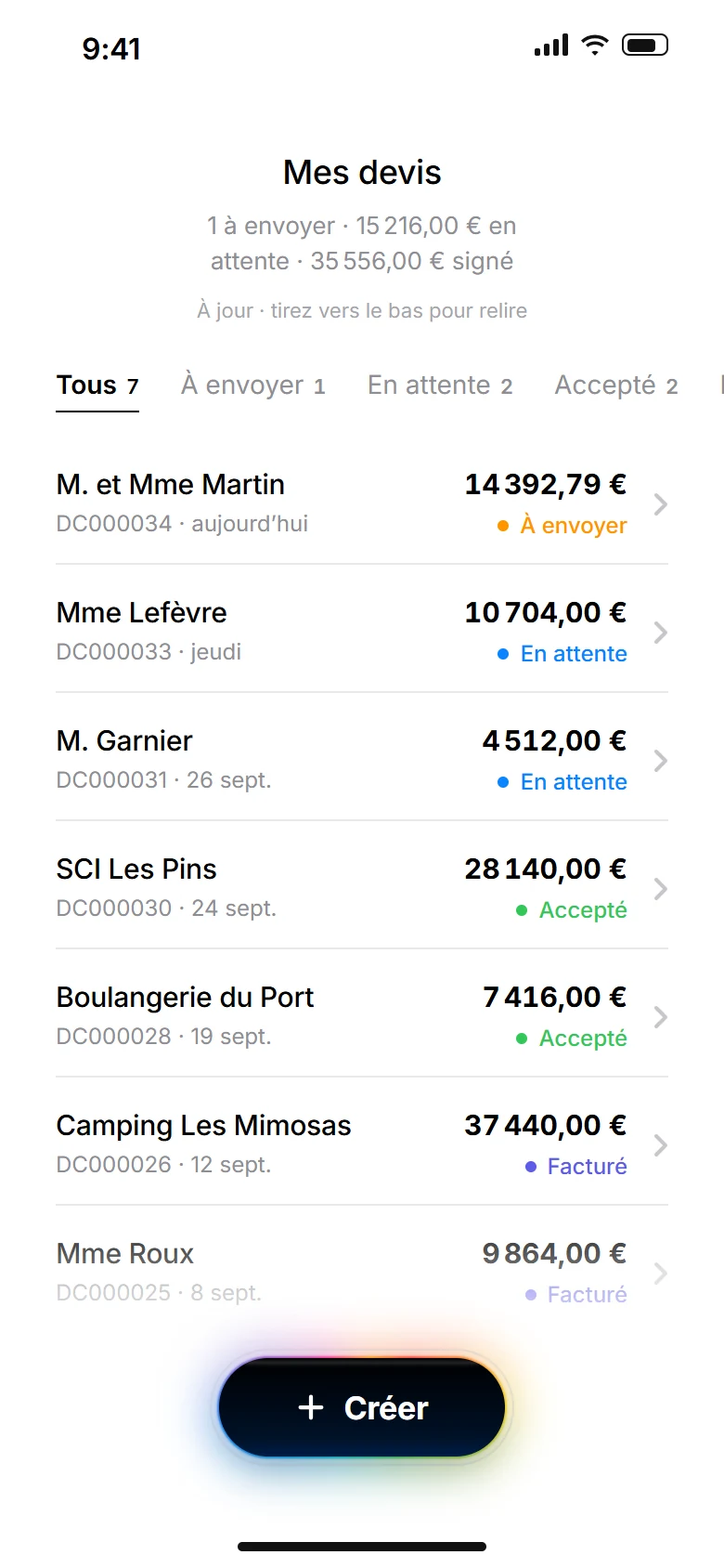 Mes devis : chaque devis avec son montant et son état.